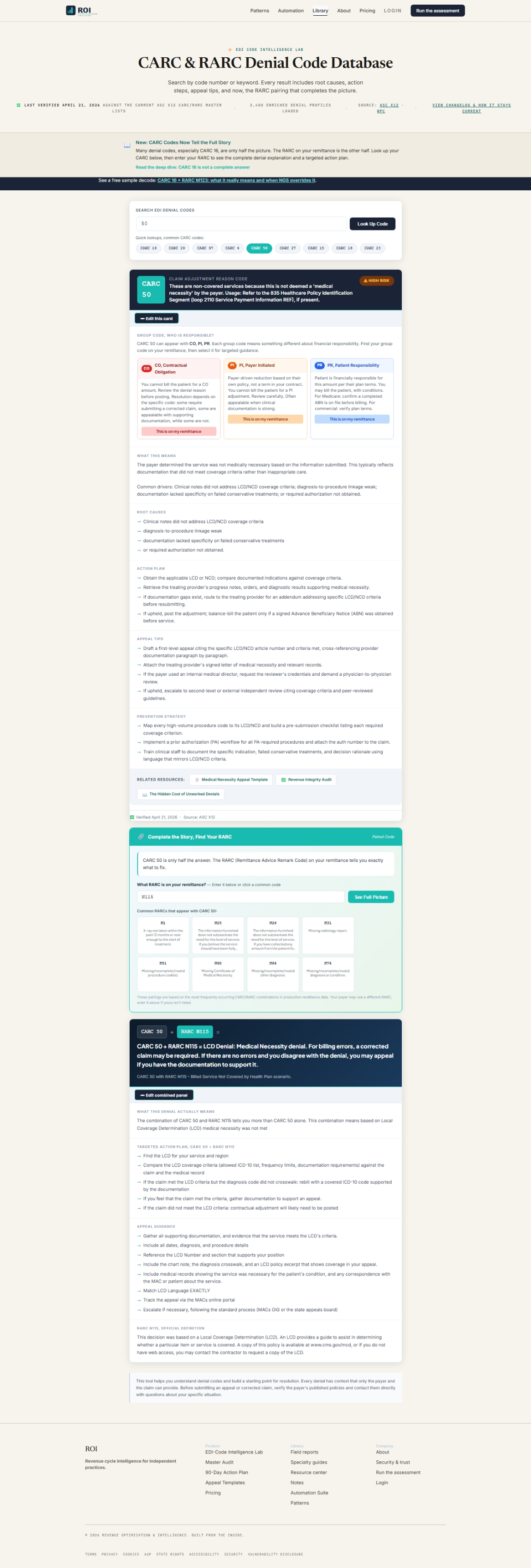 ROI EDI Intelligence Lab, medical necessity CARC and RARC reference